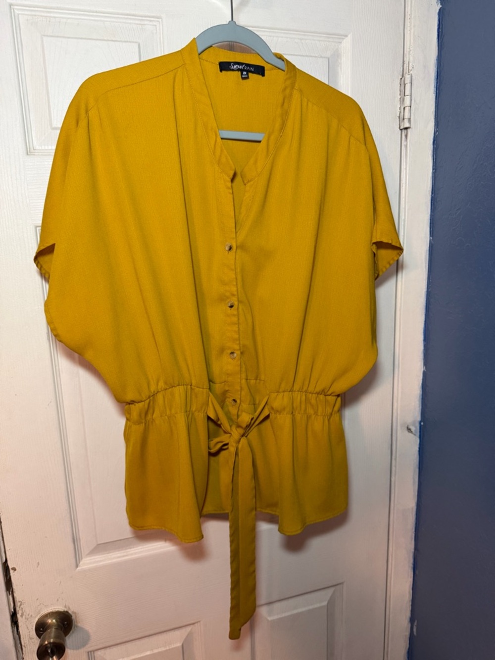 Sweet Rain Mustard Yellow Button-Front Tie Waist Blouse
